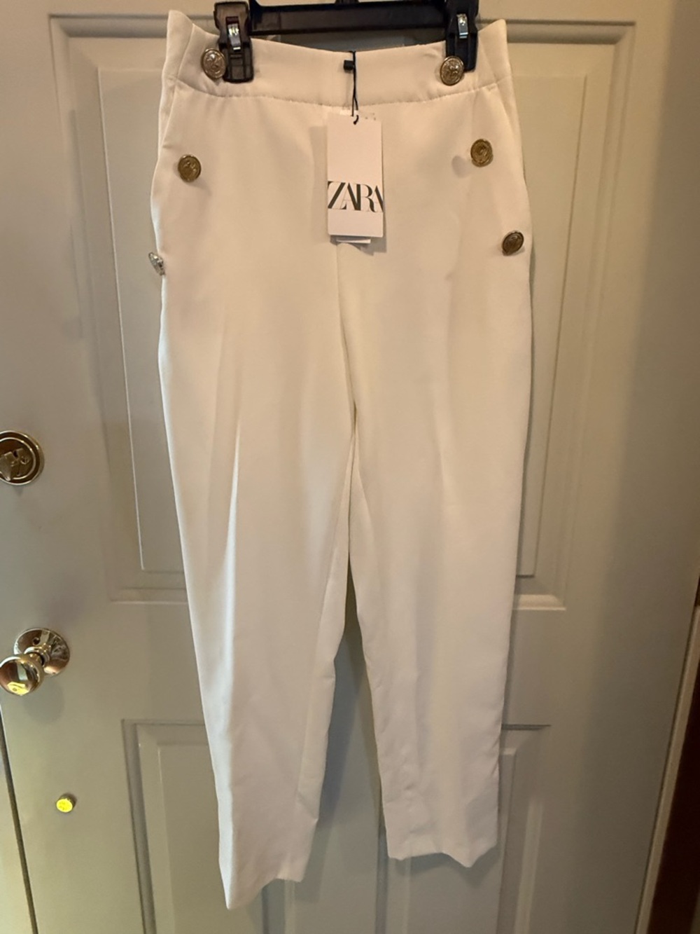 Zara Cream High-Waist Tapered Trousers with Decorative Gold Buttons